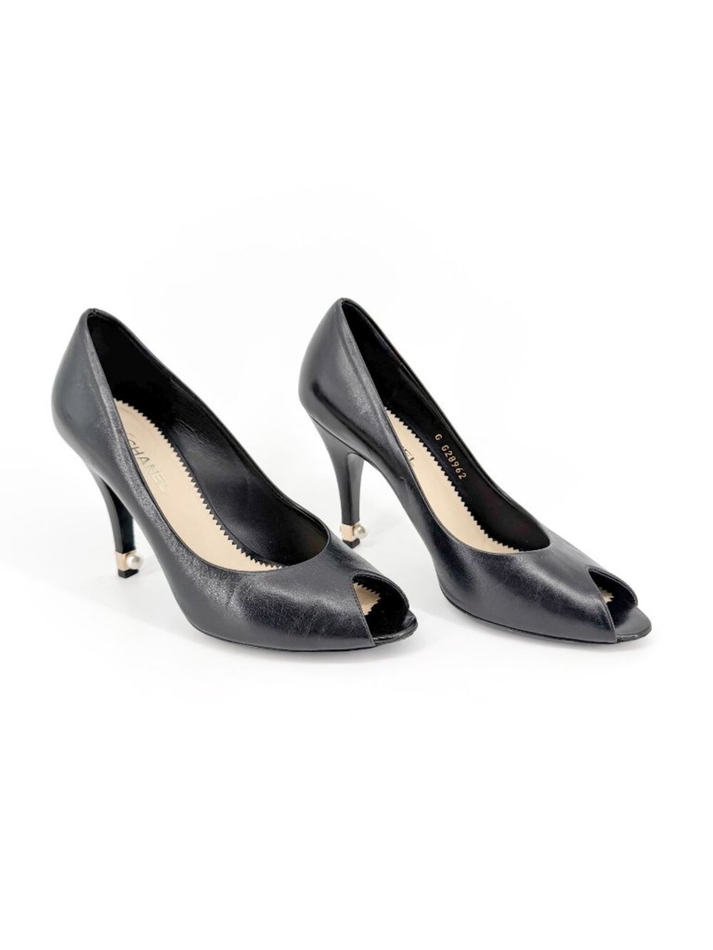 Chanel Black Leather Peep Toe Pumps Pearl CC Heel Size 38 US 7–7.5 Women's Heels